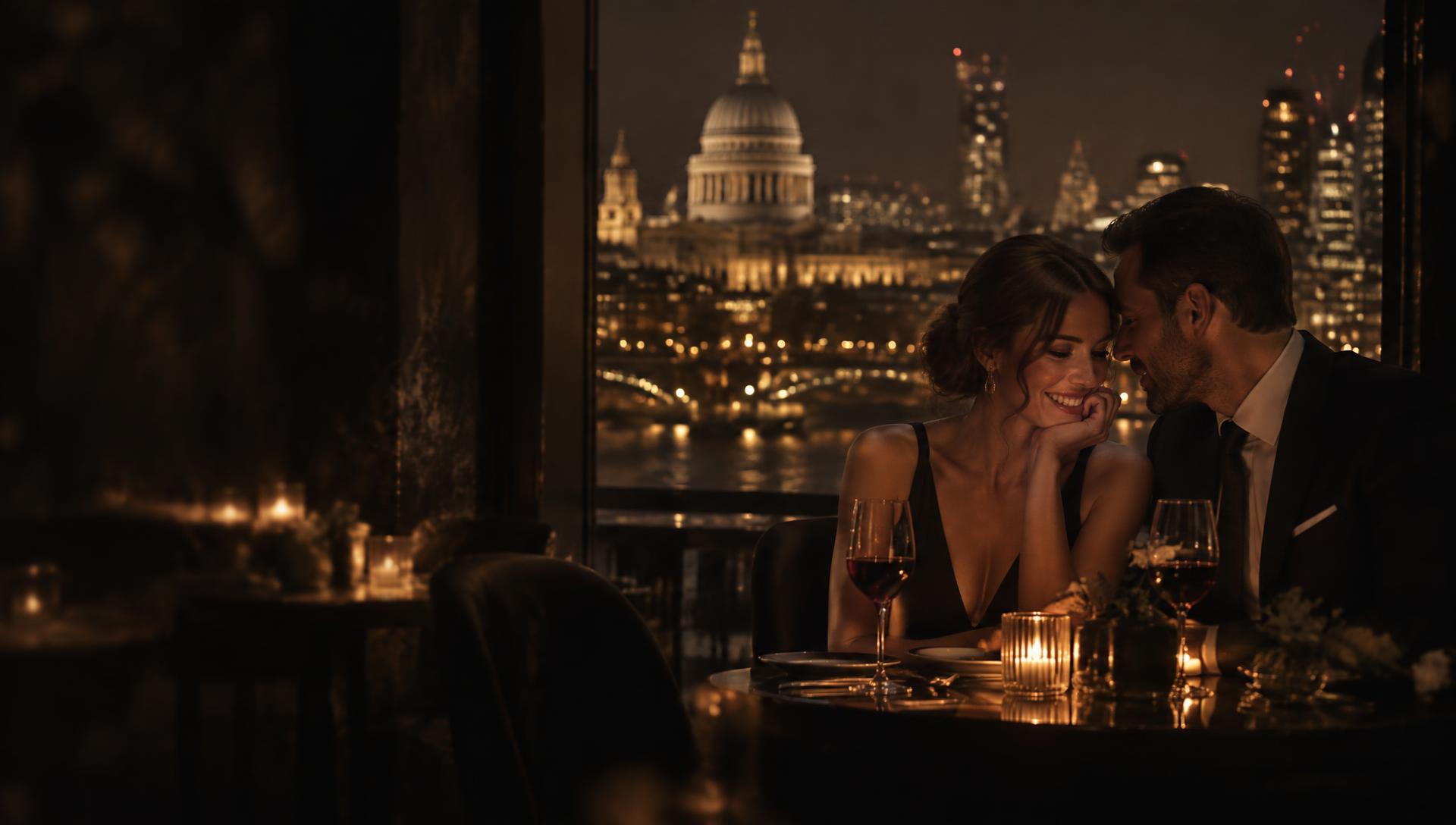 A couple sharing a candlelit dinner overlooking London at night